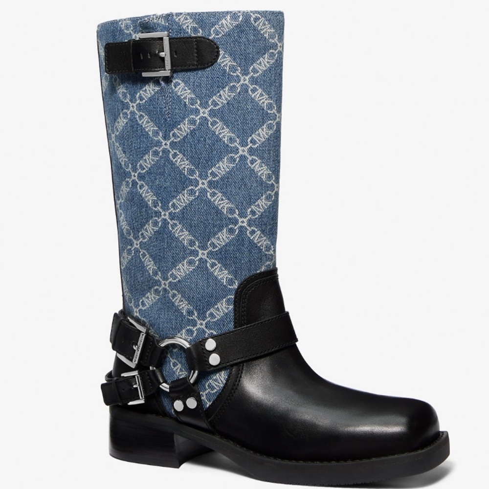 Michael Kors Black Leather & Blue Logo Denim Mid-Calf Harness Boots